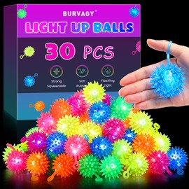 BURVAGY 30 Pcs Light up Ball, Spiky Balls Glow in The Dark Bouncy Balls Indoor Outdoor Games Party Favors Glow Ball for Children Teens Adults