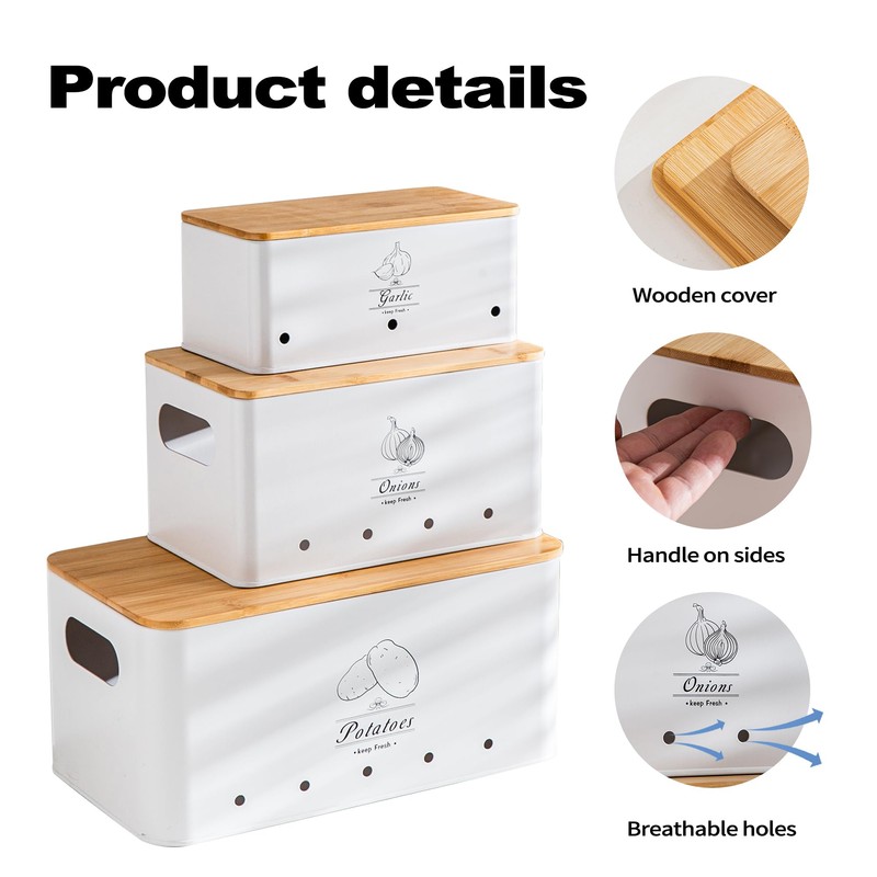Tenforie Metal Potato Onion and Garlic Storage Tin Set of