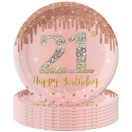 16Pcs 21st Birthday Rose Gold Paper Plates 9 inch,21st Rose Gold Girls Birthday Party Paper Plates,Happy 21st Birthday Tableware Decorations for Her,Women,21st Birthday Gifts Party Supplies