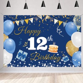 12th Birthday Decoration Boy Girl, 12th Birthday Banner, 12th Birthday Fabric Sign Poster, 12th Birthday Background Banner Boy Birthday Party Decoration, Blue