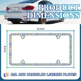HCSS Mexican Tiles Print License Plate Frame Blue Yellow Retro Mexican Tiles License Plate Holder Aluminum Metal Auto Parts Rust-Proof Waterproof Car Decorative Tag Frame for Standard US 12x6 Inch