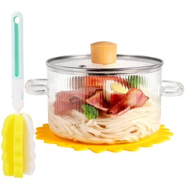 Clear Glass Cooking Pot With Lid And Brush On Stove - 1.5L(51oz) Borosilicate Glass Simmer Pot With Cover - Glass Cookware Stovetop Pot Set For Pasta Noodle, Soup, Milk
