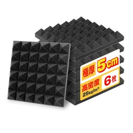 IPIC Pyramid Shape Sponge Sound Absorbing Material, 6 Pieces, Black, 11.8 x 11.8 x 2.0 inches (30 x 30 x 5 cm), Sound Absorption, Soundproofing, Noise Reduction, Anti-Eberation, Indoor, Musical