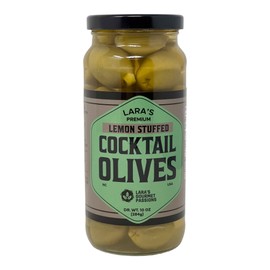 Lara's Premium Lemon Stuffed Cocktail Olives – Hand-Stuffed Green Olives - Drained Weight 10 oz (284g) - Garnish for Dirty Martini, Bloody Mary, Cocktails