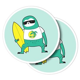 Vinyl-Aufkleber, rund, 10 cm, lustiges Surfen, Faultier, Surfen, Blumen-Surfen, für Laptops, Tablets, Gepäck, Scrapbooking, Kühlschränke #58756, 2 Stück