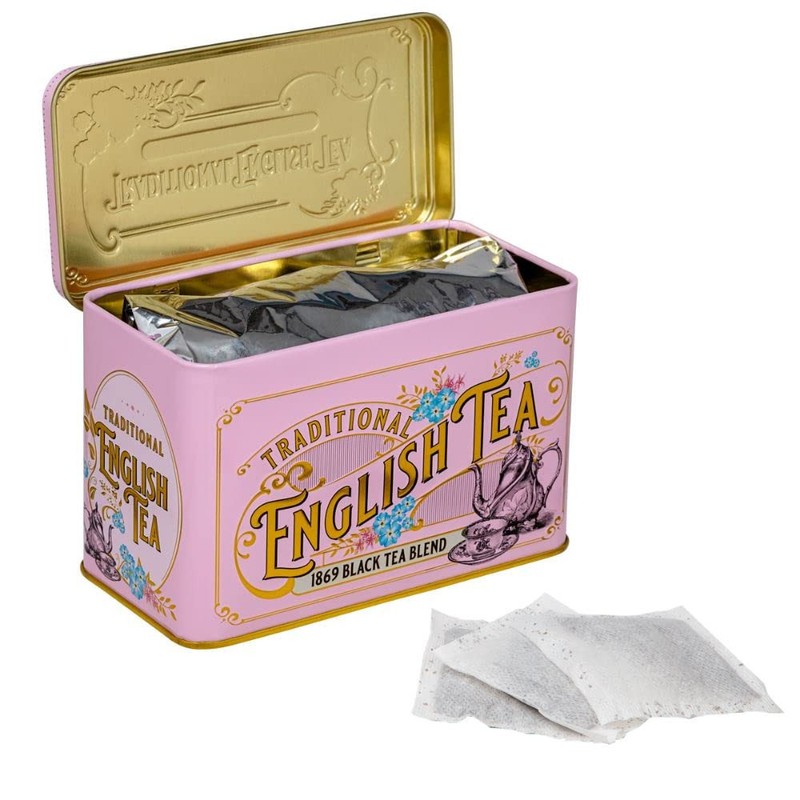 New English Teas Vintage Pink Tea Tin with Victorian Illustrations