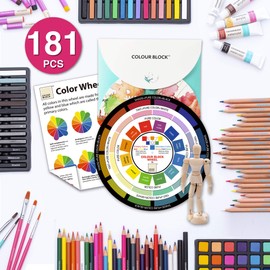 COLOUR BLOCK 181 pc Mixed Media Art Set in Wooden Case - Soft & Oil Pastels, Acrylic & Water Color Paints, Sketching, Charcoal & Colored Pencils and Tools - Professional Art Set for All Artists