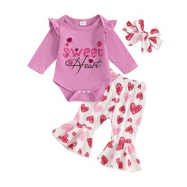 Gaono Baby Girl Valentines Day Outfits Heart Print 2 Piece Bell Bottom Set Long Sleeve Romper Flare Pants Spring Clothes (H-Lavender, 12-18 Months)