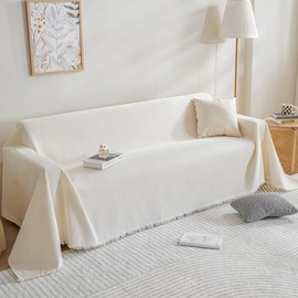 BUSVORES Decor Soft Couch Cover, Thick Chenille Sofa Slipcover with Tassel for Dogs Kids Skin Friendly Sectional Sofa Towel for 3 Cushion Sofa Towel Washable for Living Room (Beige, 71"x 118")