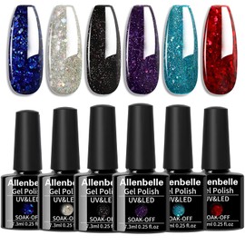 Allenbelle Gel Nail Polish Set-Glitter Red Blue Sliver Black Gel Polish Set Soak Off Nail Varnish Salon DIY Nail Art at Home (022)