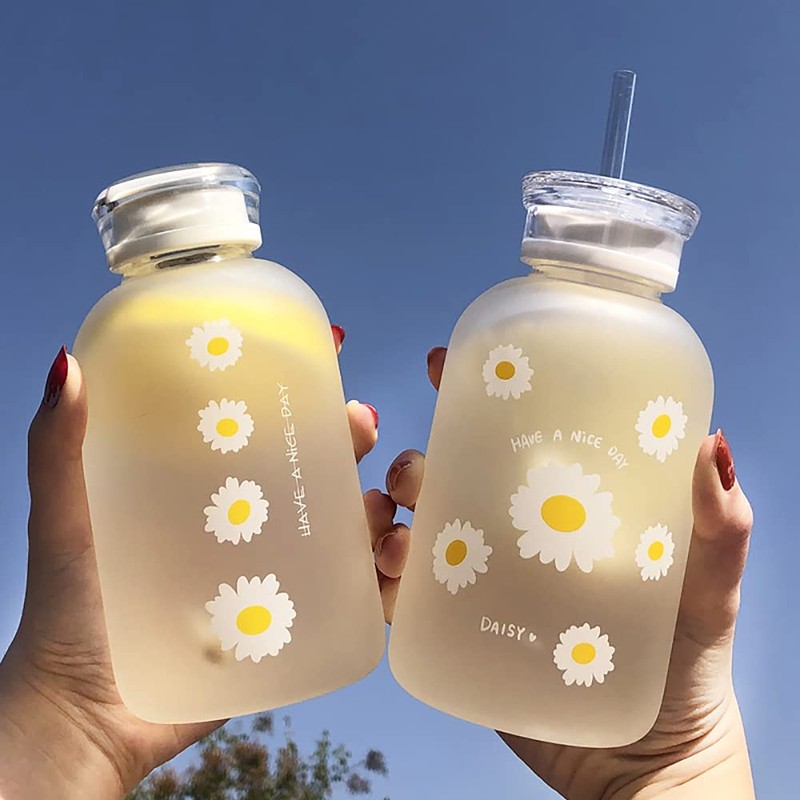 480ml Milk Juice Cute Water Bottle with Scale 2 Lids