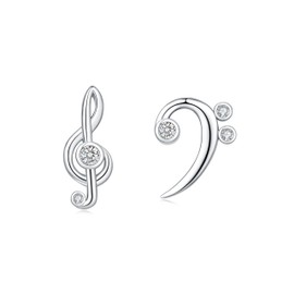 925 Sterling Silver Music Note Earrings Stud Musical Treble Bass Clef Jewelry Gifts Ideas for Music Lovers Women Musician Students, Small, Sterling Silver, Cubic Zirconia
