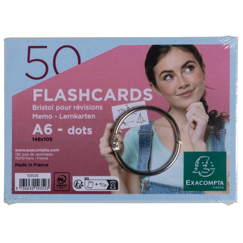 Exacompta 10352E - 50 flashcards bristol A6 dots bleu