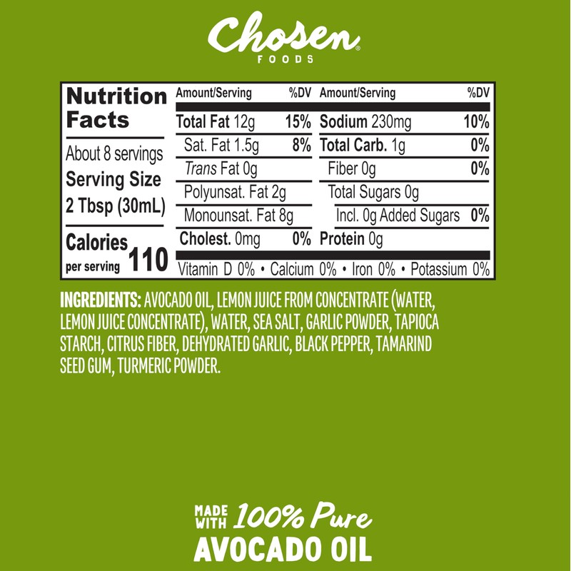 Chosen Foods Avocado Oil-Based Lemon Garlic Salad Dressing and Marinade,