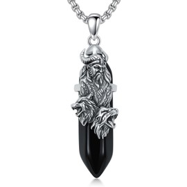 Lattd Odin Necklace for Men 925 Sterling Silver Black Obsidian Norse Nordic Viking Wolf Pendant Necklaces Jewelry, w/Stainless Steel Chain 22'' +2''