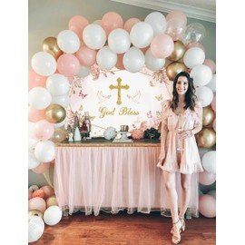 God Bless Backdrop Boho Floral Baptism Background First Holy Communion Party Decorations Background Christening Newborn Baby Shower Banner Photoshoot Props (8x6FT（240x180cm）)