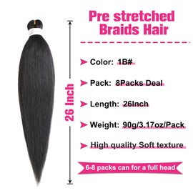 Unionbeauty 26 Inch Pre Stretched Braiding Hair 8 Packs for Boho Box Braids Black Yaki Texture Hot Water Setting Easy Braid Soft Crochet Hair Extensions Synthetic Crochet Braids Hair(1B#)