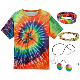 Hippie Costume for Men Momen 60s 70s Colorful T-Shirt 5 PCS Accessories set for Theme Party XXXX-Large