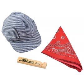 Cp USA Little Engineer Stripped Train Conductor Hat, Red Bandana, & Train Whistle 3 Piece Set