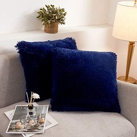 XeGe Faux Fur Throw Pillow Cases Luxury Fluffy Plush Shaggy Sofa Bed Decorative Pillow Cushion Cover,Pack of 2(18''x18'', Navy Blue)