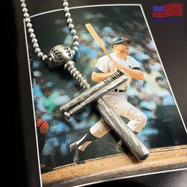Baseball Bat And Ball Cross On Ball Chain Necklace Antique Silver Finish Pewter Softball