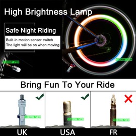 YUERWOVER 4 Pack LED Bike Wheel Lights Car Tire Valve Stems Caps Bicycle Motorcycle Waterproof Tyre Spoke Flash Lights Cool Reflector Accessories for Kids Men Women with 6 Extra Batteries(Colorful)