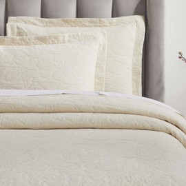 Superior 3 Piece Cotton Bedspread Set, Home Bed Decor, Decorative Bed Spread, 2 Pillow Shams, Medium Weight Blanket, Matelasse Coverlet, Bedding Essentials, Hibiscus Collection, California King, Ivory