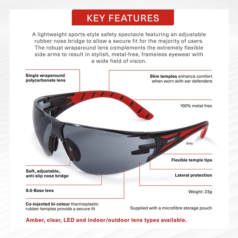Riley Stream Red Safety Glasses for Work - Lightweight Sports