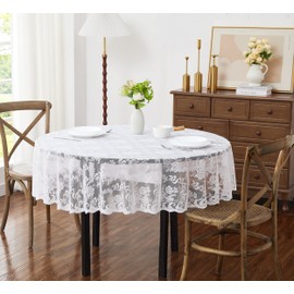 LinenZone White Round Tablecloth for Rustic Vintage Decor. Sheer Lace Works Great As Wedding, Thanksgiving or Christmas Tablecloth (Mia 90 Round, White)