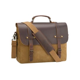 Men's Messenger Bag Waxed Canvas Briefcase 15.6 Inch Vintage Genuine Leather Computer Laptop Bags Waterproof Satchel Shoulder Bag for Work/Business/Office