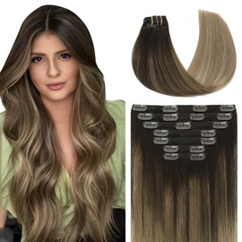 Youngsmile Human Hair Extensions Clip in Balayage Darkest Brown to Medium Brown Mixed Ash Brown Clip in Hair Extensions For Women Easy To Install Full Head 16inch 7Pcs 140g (7C#2/6/18-16Inch)