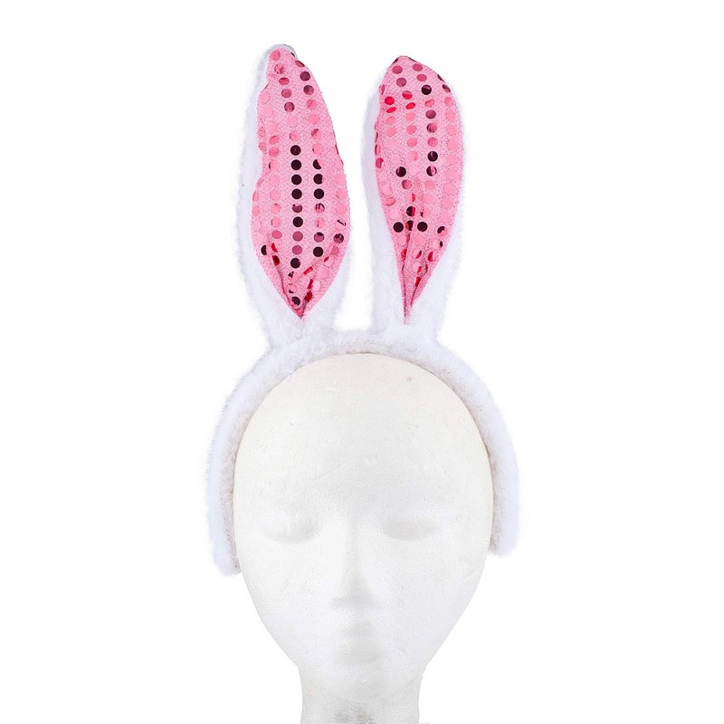 Lux Accessories White Pink Sequins Playful Bunny Ears Girls Fashion
