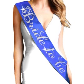 Bride Sash Blue - Real Crystal Rhinestones Bride to Be Flirty Royal Blue Bridal Grade Satin Sash - Something Blue Bridal Shower Outfit - Classic Royal Blue Sash(Flrty B2B)