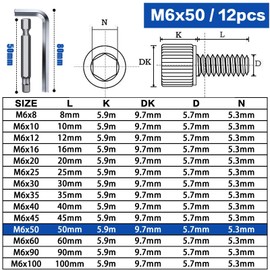 TXXATX Pack of 12 Cylinder Head Screws M6 x 50 mm Screws Stainless Steel A2 V2A DIN 912 Hexagonal Screws Cylinder Screws with Hexagon Socket Full Thread Allen Screws for Mechanical Furniture Repair