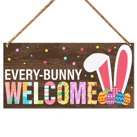 Easter Bunny Sign Wood Decor, Easter Welcome Sign Front Door Decorations for Home Porch Patio Easter Egg Hanging Sign Wall Decor, Every Bunny Welcome