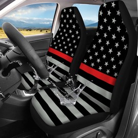 Jodoolang Thin Red Line USA Flag Front Seat Cover Only Fabric, Vehicle Seat Protector Car Covers for Auto Accessories Set of 2 Universal Fits