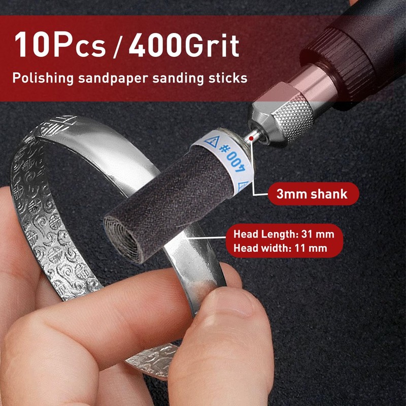 10Pcs 400 Grit Sanding Drums Sandpaper Sticks Set with 1/8"(3mm)
