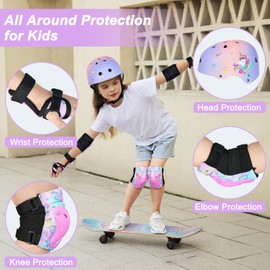 MHJY Kids Helmet and Pads Set with DIY Stickers Girls Bike Helmet Age 3-8 Years Unicorn Knee and Elbow Pads Adjustable Protective Gear for Children Cycle, Skateboard Scooter, Roller Skates
