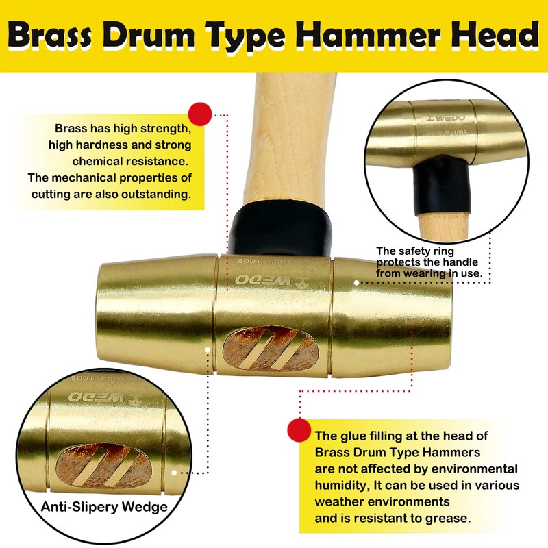 WEDO 32oz Brass Hammer,Solid Brass Mallet Hammer with Wooden Handle,Double