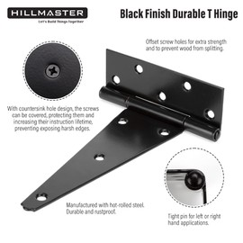 HILLMASTER 8 Inch T-Strap Heavy Duty Shed Door Hinges Gate Strap Hinges Black Tee Hinge Wrought Hardware for Wooden Fences,Yard,Barn Door,Rustproof (6 Pack)