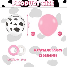 Whaline 50Pcs Cow Balloons with White and Pink Ribbons Pink Cow Print Latex Balloons for Birthday Baby Shower Cow Print Party Cowboy Cowgirl Themed Party Farm Party Decorations Supplies, 12 Inch