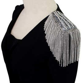 Parches de vidrio con abalorio para el hombro, diseño de flecos, borlas y broches, 2 piezas (plata B)