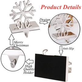 ONEPTY 2 Set Silver Stocking Holder Xmas Snowflake Stocking Hanger for Mantel Christmas Stocking Holder for Fireplace Mantle Heavy Stocking Hooks for Mantle (Silver Snowflake,2)
