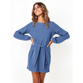 PRETTYGARDEN Women's Elegant Long Lantern Sleeve Short Dress Crewneck Tie Waist Knit Cocktail Dress (Light Blue,X-Large)