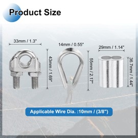 PATIKIL 18Pcs M10 304 Stainless Steel Wire Rope Kit, Wire Rope Cable Clip Clamp, Tube Thimble and Crimping Loop for 3/8 Inch Wire Rope Cable Thimbles, Silver