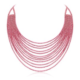 Tuliper Crystal Tassel Layered Statement Necklace for Women, Sparkly Fringe Rhinestone Waterfall Chain, Bib Collar Choker Adjustable Necklace for Party Hot Pink PInk-Tone