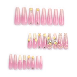 Vezocim Press on Nails Long Coffin French Tips 24Pcs Glossy Full Cover Acrylic Square Yellow False Nails with Flower Butterfly Designs Ballerina Extra Long Artificial Fake Nails with Charm for Women