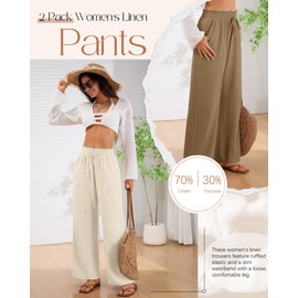 Xaatren 2 Pack Women's Linen Pants Summer Wide Leg Drawstring Elastic Waist Pant Casual Loose Fit Beach Trousers with Pockets(Beige, Coffee,X-Large)