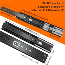 22 inch Drawer Slides 6 Pairs (12pcs) Soft Self Close 3 fold Full Extension Ball Bearing Drawer Slides Side Mount Drawer Slides 100 LB Capacity Drawer Slide 22" Black