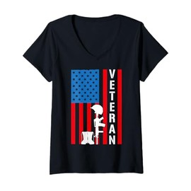 Womens American Veterans Flag Ex-Military Mom Veteran Dad Grandpa V-Neck T-Shirt